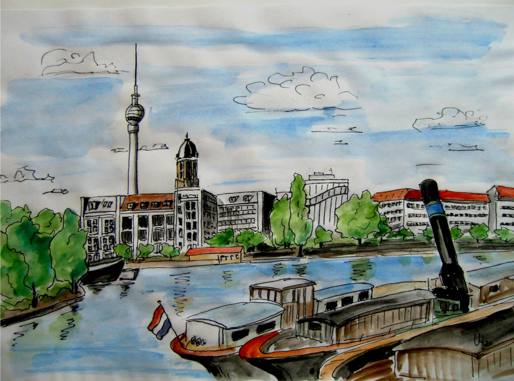 225 Anlegestelle An Der Spree In Berlin Aquarell Udo Heinzel