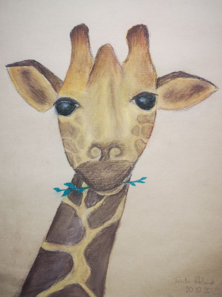 167 Tiere Giraffe mit Zweig Pastell Frida 10J